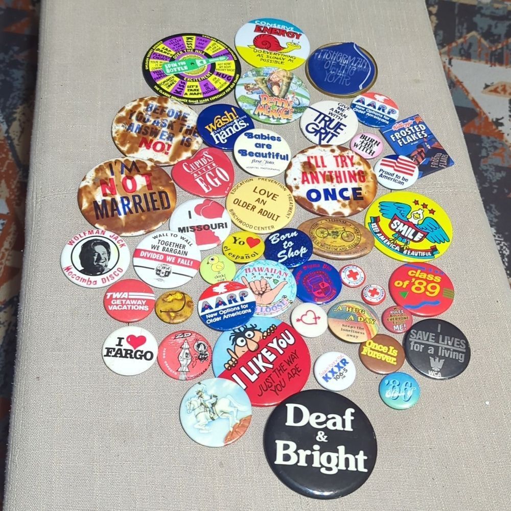 VINTAGE ASSORTED advertising PINS/ Flare/ buttons Gen X - LOT OF 40